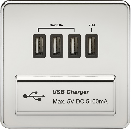Screwless Quad USB Charger Outlet (5.1A) - Polished Chrome with Black Insert
