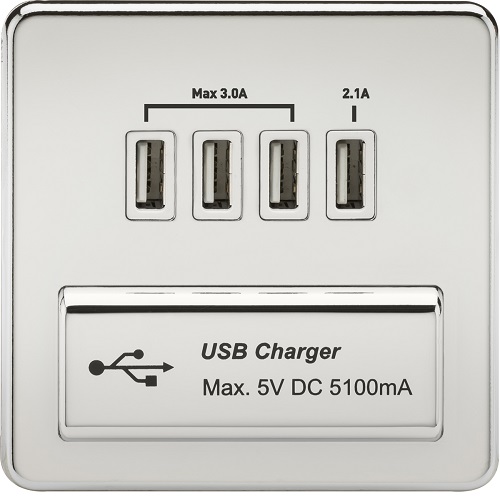 Screwless Quad USB Charger Outlet (5.1A) - Polished Chrome with White Insert