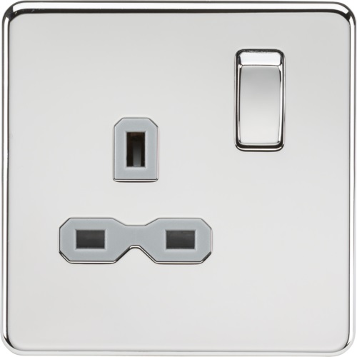 Screwless 13A 1G DP switched socket - polished chrome with grey insert