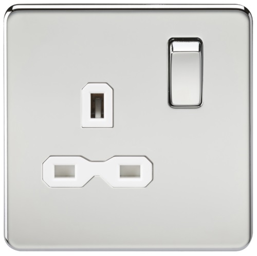 Screwless 13A 1G DP switched socket - polished chrome with white insert