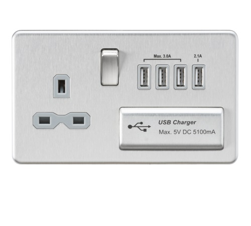 Screwless 13A switched socket with quad USB charger (5.1A) - brushed chrome with grey insert