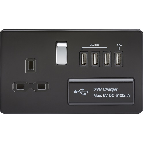 Screwless 13A switched socket with quad USB charger (5.1A) - matt black with chrome rocker