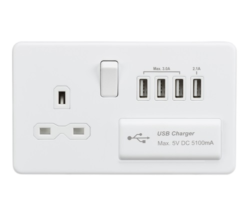 Screwless 13A switched socket with quad USB charger (5.1A) - matt white