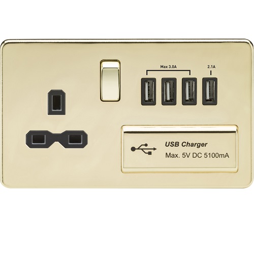Screwless 13A switched socket with quad USB charger (5.1A) - polished brass with black insert