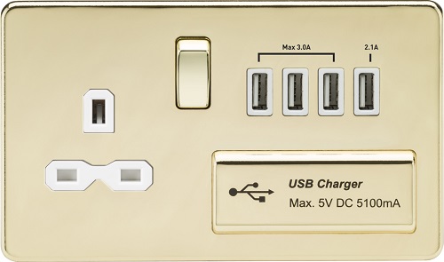 Screwless 13A switched socket with quad USB charger (5.1A) - polished brass with white insert