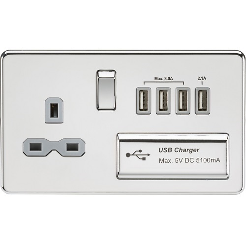 Screwless 13A switched socket with quad USB charger (5.1A) - polished chrome with grey insert