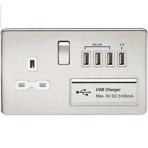 Screwless 13A switched socket with quad USB charger (5.1A) - polished chrome with white insert