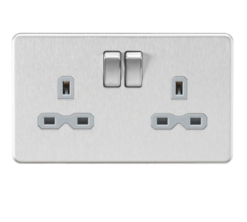 Screwless 13A 2G DP switched socket - Brushed chrome with grey insert