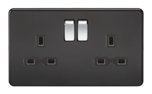 Screwless 13A 2G DP switched socket - matt black with black insert and chrome rockers