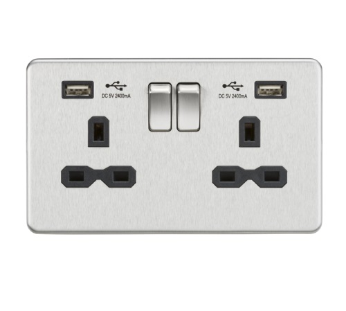 13A 2G Switched Socket with Dual USB Charger (2.4A) - Brushed Chrome with Black Insert