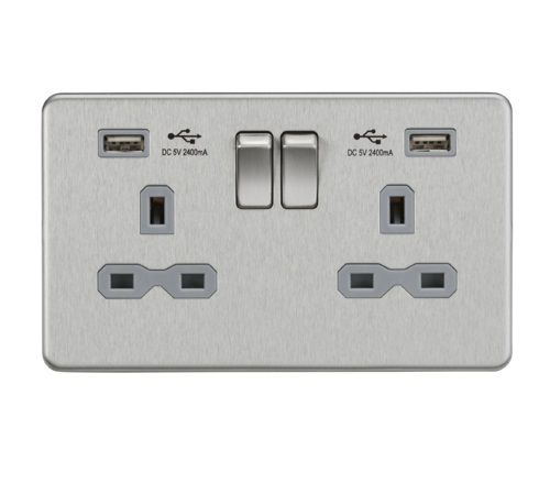 13A 2G Switched Socket with Dual USB Charger (2.4A) - Brushed Chrome with Grey Insert