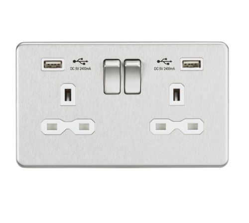 13A 2G Switched Socket with Dual USB Charger (2.4A) - Brushed Chrome with White Insert