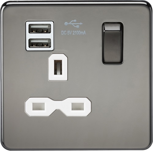 Screwless 13A 1G switched socket with dual USB charger (2.1A) - black nickel with white insert