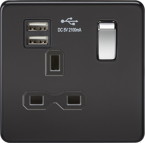 Screwless 13A 1G switched socket with dual USB charger (2.1A) - matt black with chrome rocker