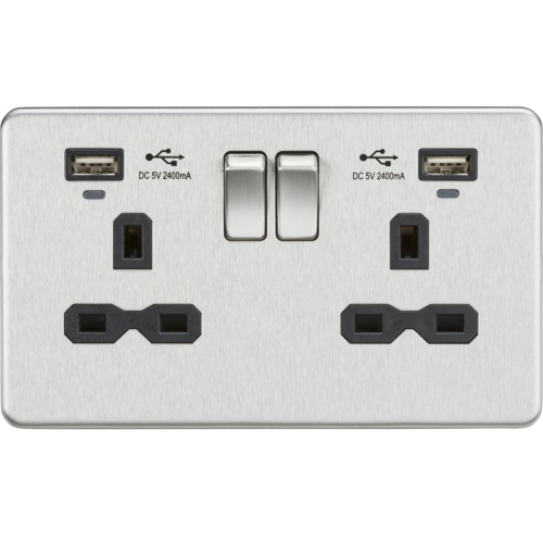 13A 2G Switched Socket, Dual USB (2.4A) with LED Charge Indicators - Brushed Chrome w/black insert