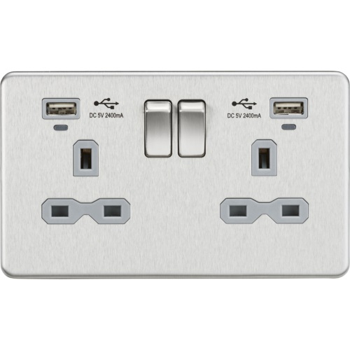 13A 2G Switched Socket, Dual USB (2.4A) with LED Charge Indicators - Brushed Chrome w/grey insert