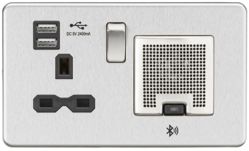 Screwless 13A socket, USB chargers (2.4A) and Bluetooth Speaker - Brushed chrome with black insert