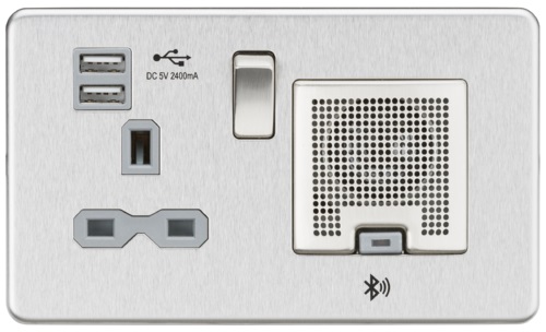 Screwless 13A socket, USB chargers (2.4A) and Bluetooth Speaker - Brushed chrome with grey insert