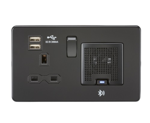 Screwless 13A socket, USB chargers (2.4A) and Bluetooth Speaker - Matt Black