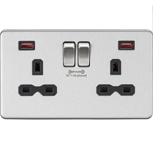 13A 2G DP Switched Socket with Dual USB FASTCHARGE ports (A + A) - Brushed Chrome with black insert