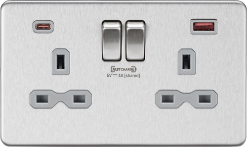 13A 2G DP Switched Socket with Dual USB FASTCHARGE ports (A + C) - Brushed Chrome with grey insert