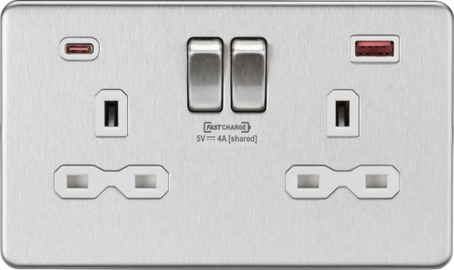 13A 2G DP Switched Socket with Dual USB FASTCHARGE ports (A + C) - Brushed Chrome with white insert