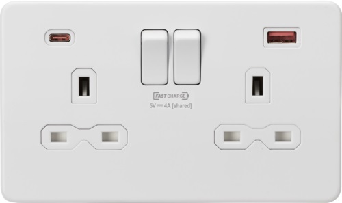 13A 2G DP Switched Socket with Dual USB FASTCHARGE ports (A + C) - Matt White