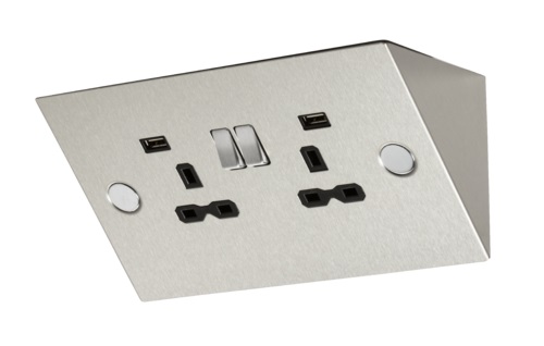 13A 2G Mounting Switched Socket with Dual USB Charger (2.4A) - Stainless Steel with black insert