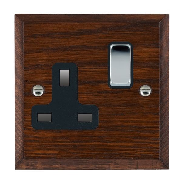 Hamilton Woods Chamfered Antique Mahogany 1 Gang 13A Double Pole Switched Socket with Bright Chrome Rocker and Black Surround