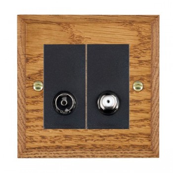 Hamilton Woods Chamfered Medium Oak Non-Isolated 2 In/2 Out TV and Satellite Socket with Black Insert