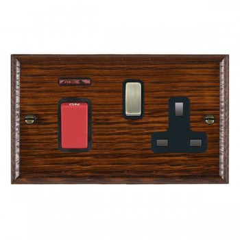 Hamilton Woods Ovolo Antique Mahogany 45A Double Pole Switch with Red Rocker and Neon plus 13A Switched Socket with Antique Brass Rocker and Black Surround