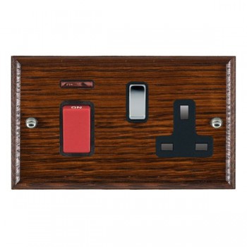 Hamilton Woods Ovolo Antique Mahogany 45A Double Pole Switch with Red Rocker and Neon plus 13A Switched Socket with Bright Chrome Rocker and Black Surround