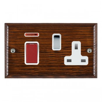 Hamilton Woods Ovolo Antique Mahogany 45A Double Pole Switch with Red Rocker and Neon plus 13A Switched Socket with Bright Chrome Rocker and White Surround