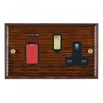 Hamilton Woods Ovolo Antique Mahogany 45A Double Pole Switch with Red Rocker and Neon plus 13A Switched Socket with Polished Brass Rocker and Black Surround