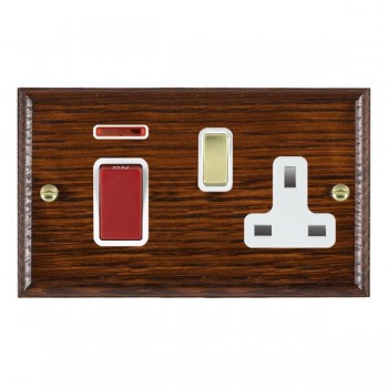 Hamilton Woods Ovolo Antique Mahogany 45A Double Pole Switch with Red Rocker and Neon plus 13A Switched Socket with Polished Brass Rocker and White Surround