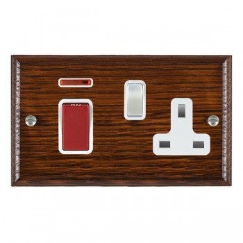 Hamilton Woods Ovolo Antique Mahogany 45A Double Pole Switch with Red Rocker and Neon plus 13A Switched Socket with Satin Chrome Rocker and White Surround