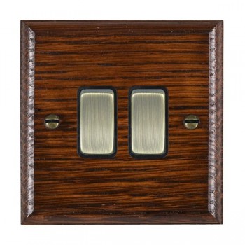 Hamilton Woods Ovolo Antique Mahogany 2 Gang 10AX 2 Way Switch with Antique Brass Rockers and Black Surround