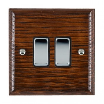 Hamilton Woods Ovolo Antique Mahogany 2 Gang 10AX 2 Way Switch with Bright Chrome Rockers and Black Surround