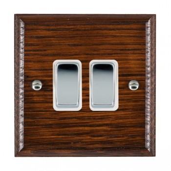 Hamilton Woods Ovolo Antique Mahogany 2 Gang 10AX 2 Way Switch with Bright Chrome Rockers and White Surround