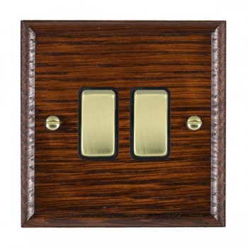 Hamilton Woods Ovolo Antique Mahogany 2 Gang 10AX 2 Way Switch with Polished Brass Rockers and Black Surround