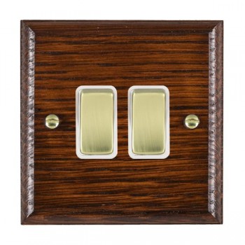 Hamilton Woods Ovolo Antique Mahogany 2 Gang 10AX 2 Way Switch with Polished Brass Rockers and White Surround