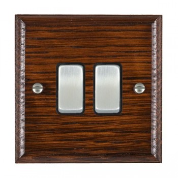 Hamilton Woods Ovolo Antique Mahogany 2 Gang 10AX 2 Way Switch with Satin Chrome Rockers and Black Surround
