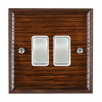Hamilton Woods Ovolo Antique Mahogany 2 Gang 10AX 2 Way Switch with Satin Chrome Rockers and White Surround