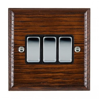 Hamilton Woods Ovolo Antique Mahogany 3 Gang 10AX 2 Way Switch with Bright Chrome Rockers and Black Surround