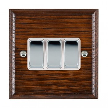 Hamilton Woods Ovolo Antique Mahogany 3 Gang 10AX 2 Way Switch with Bright Chrome Rockers and White Surround