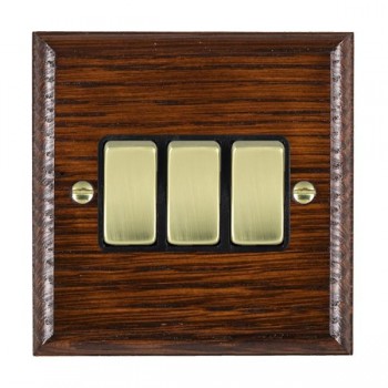 Hamilton Woods Ovolo Antique Mahogany 3 Gang 10AX 2 Way Switch with Polished Brass Rockers and Black Surround