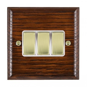 Hamilton Woods Ovolo Antique Mahogany 3 Gang 10AX 2 Way Switch with Polished Brass Rockers and White Surround