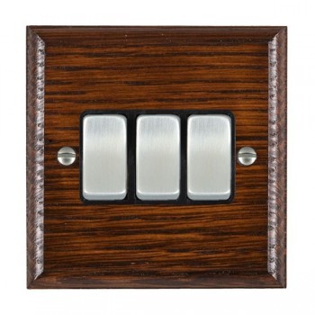 Hamilton Woods Ovolo Antique Mahogany 3 Gang 10AX 2 Way Switch with Satin Chrome Rockers and Black Surround