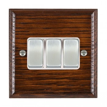 Hamilton Woods Ovolo Antique Mahogany 3 Gang 10AX 2 Way Switch with Satin Chrome Rockers and White Surround