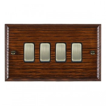 Hamilton Woods Ovolo Antique Mahogany 4 Gang 10AX 2 Way Switch with Antique Brass Rockers and Black Surround